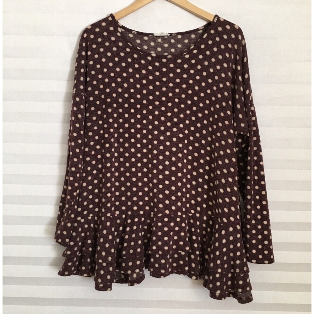 Easel Ruffle Tiered Hem Tunic Sweater Women's Size L Long Sleeve Polka Dot Fuzzy
